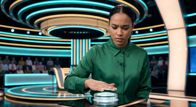 Mujer joven participando en un concurso de televisi&oacute;n moderno presionando un bot&oacute;n iluminado en el estudio