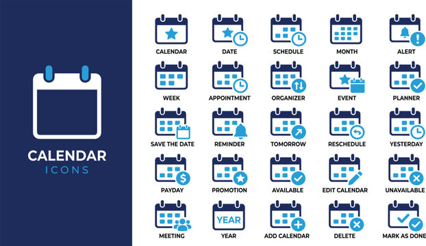 Set of Calendar Icons for Date, Schedule, Appointment, and Event Management Concepts