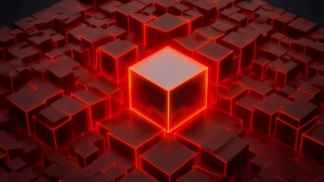 3D glowing cube centered on illuminated red grid in dark background, 4k footage