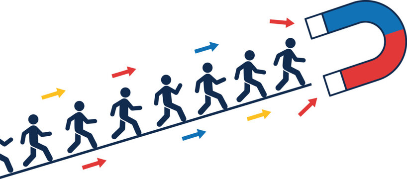 Cartoon Illustration of People Being Attracted by Magnet for Attraction, Influence, and Motivation Concepts