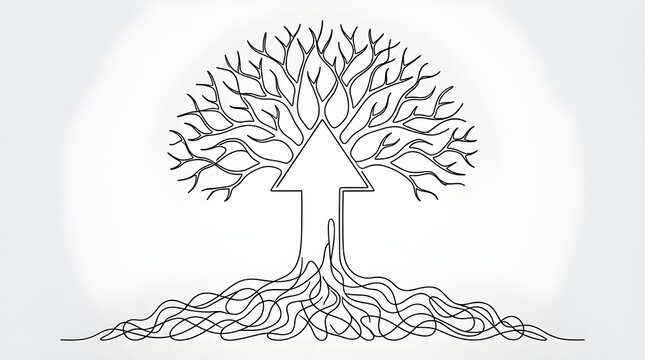 Black and white illustration of a tree with an upward arrow