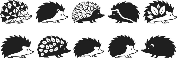 Obraz premium Cute Hedgehog Vector Icon Set Featuring Minimalist Geometric Nature and Leaf Patterns for Creative Logo Design Wildlife Illustrations and Animal Branding Projects