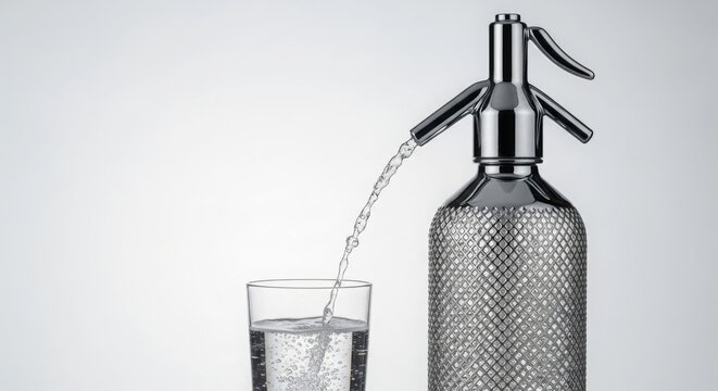 Silver chrome soda siphon pouring sparkling water into a clear glass, creating a refreshing stream