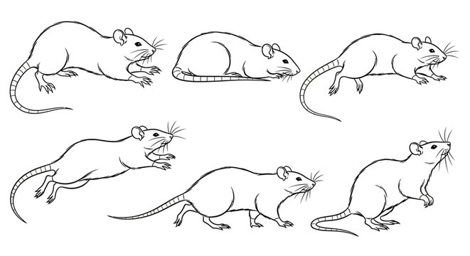 Rat set, hand drawn line art illustration of rodents