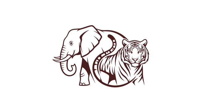 A wild cartoon vector illustration of a big feline tiger and a striped safari zebra head logo for wildlife nature predator animals