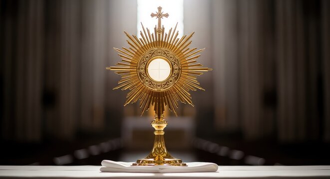 Ornate golden monstrance featuring a sunburst design holds the consecrated host on a white cloth, illuminated by soft light in a cathedral, christian, wafer, consecrated