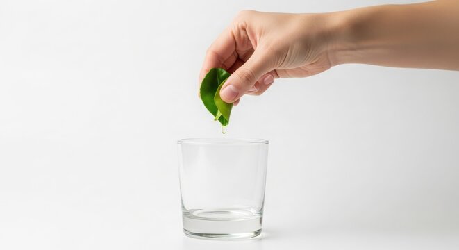 Hand squeezing kaffir lime leaf over a glass of water for fresh flavor