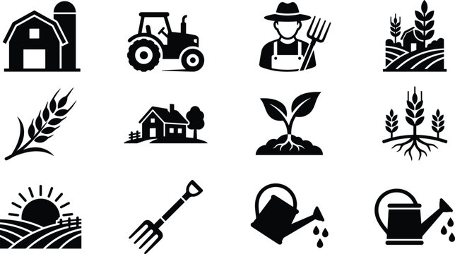 Agriculture icons set with farmer tractor barn plants tools and farming symbols black silhouette vector illustration collection