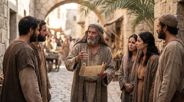 Ancient Biblical elder holding a sacred scroll and teaching a group of followers in a historical Jerusalem street.