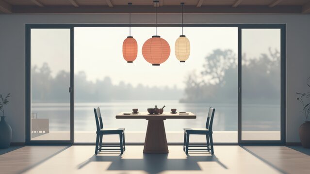 Minimalist Dining Table Setup with Hanging Paper Lanterns