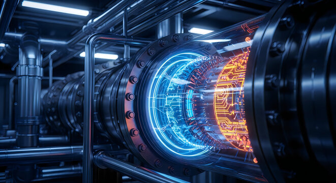 futuristic server room with glowing neon data vortex in high-tech facility
