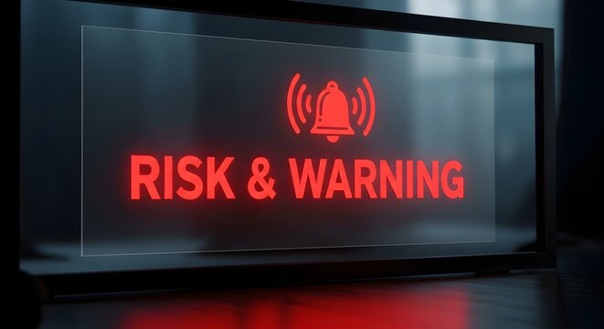 Digital screen displaying 'RISK & WARNING' with a bell icon in red neon light