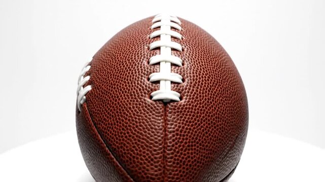 Close-up view of a brown American football on a white background.