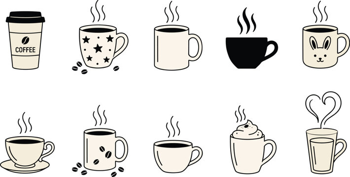Coffee cups icons set with takeaway mug espresso latte cappuccino and hot drinks doodle style vector illustration collection