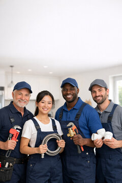 Team of Skilled Plumbers: A diverse group of skilled plumbers stands proudly, holding their essential tools and radiating competence and teamwork.