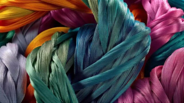 Smooth, swirling ribbons of vibrant color, An assortment of colorful yarn in various shades