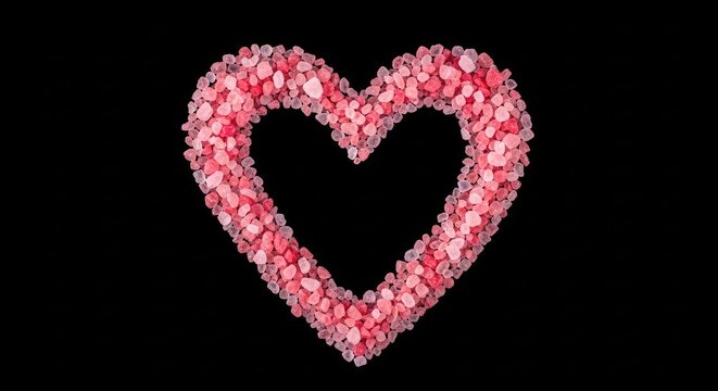 Small pink rock salt crystals are arranged in a heart shape on a solid black background, creating a frame with center copy space area, mineral, culinary, grainy