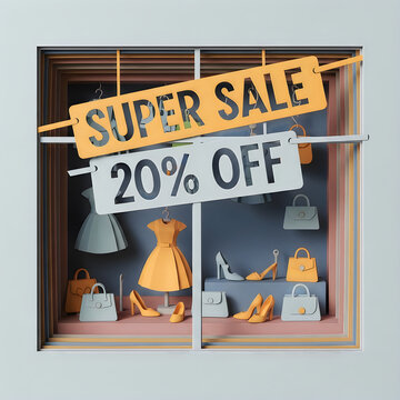 3D paper art style fashion retail window with super sale banner