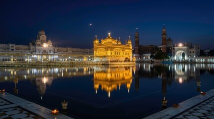 Obraz premium Golden Temple at Night, reflection in water, serene and beautiful scenery.