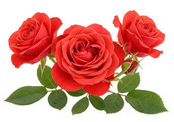 Fototapeta premium Vibrant red roses with delicate green leaves and stems isolated on white background