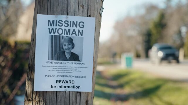 Missing woman poster with photo on wooden pole, public notice seeking information about disappeared person in suburban street