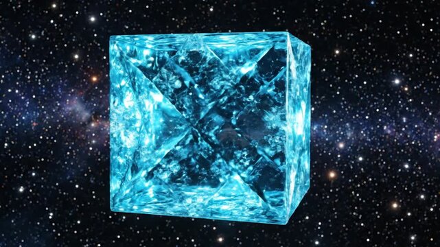 Glowing Blue Crystal Rotating in Space with Stars