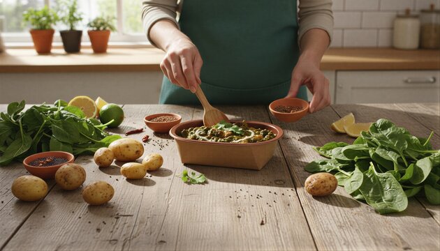 Rustic farm-to-table saag aloo with garden-fresh ingredients
