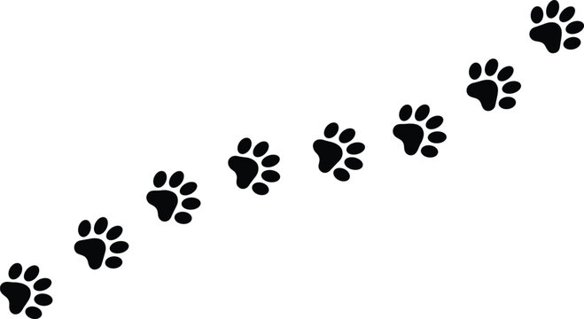 Animal paw print trail silhouettes diagonal pattern isolated on white background for pet tracking design and decoration