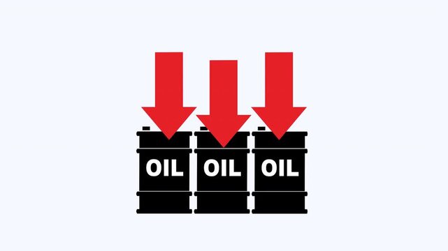 Three black oil barrels with red downward arrows symbolizing decreasing oil prices. Suitable for finance, energy, economy related designs, and concepts.