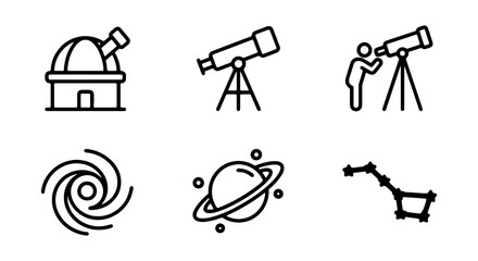 Astronomy icons including observatory telescope and planet symbols © PURE VECTOR WORK