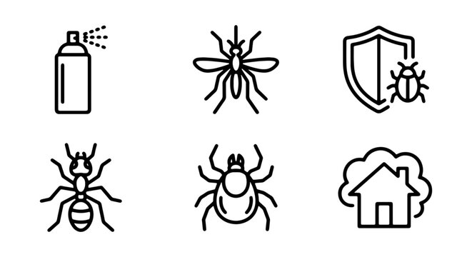 Black and white line icons of pest control and common household pests