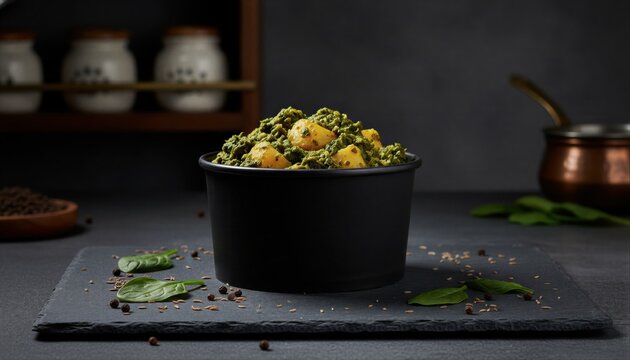Sophisticated dark-toned presentation of spiced saag aloo