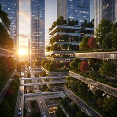Obraz premium Futuristic green skyscrapers with cascading foliage and skybridges at sunset