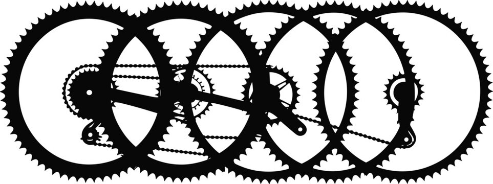 Mechanical gears and chain system silhouette interlocking cogwheels isolated on white background for industrial engineering design