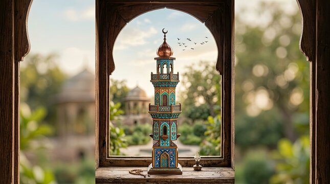Intricate Mosque Miniature Framed in Wooden Window with Green Garden Background