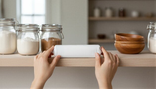 White label biscuit tube in a minimalist pantry setting with organized baking supplies