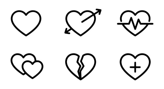 Collection of heart icons in various styles and symbols