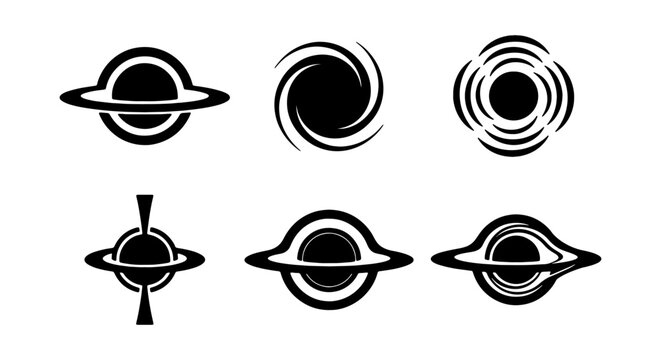Collection of various planet and ring system icons in black and white