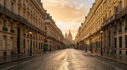Fototapeta premium Empty Paris Street with Historic Buildings during Sunset