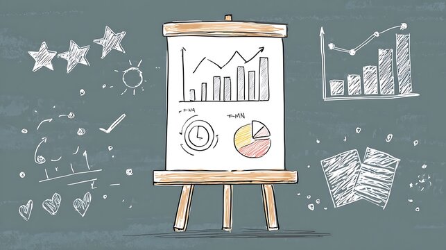 Business presentation flipchart with hand-drawn financial charts and icons.