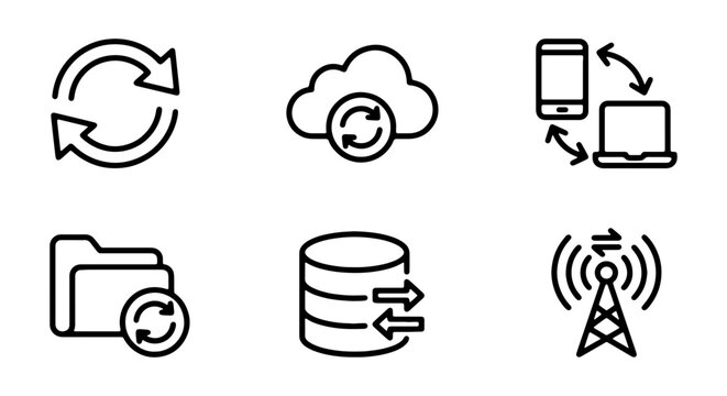 Black line icons depicting various data transfer and synchronization concepts