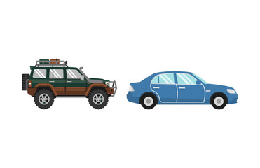 Fototapeta premium Vector illustration of a rugged off-road vehicle and a sleek sedan car