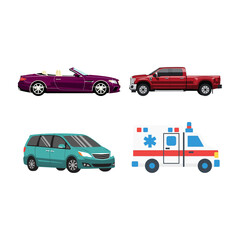 Collection of vector illustrations featuring a convertible, pickup truck, minivan, and ambulance © Adi Nur Fauzi_Edit