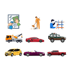 Naklejka premium Vibrant vector set showcasing diverse household chores, maintenance activities, and sleek modern automobiles