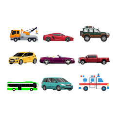 Naklejka premium Vector collection of diverse vehicles and transportation icons, including cars and trucks