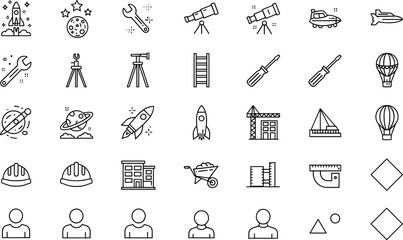 Construction and Space Line Icon Set with Rocket Tools Telescope Crane and Engineering Symbols Outline Vector Collection © MstShahida