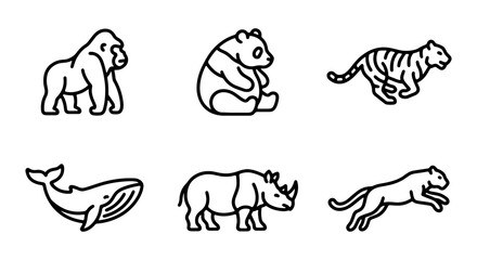 Black and white line drawings of various wild animals © PURE VECTOR WORK