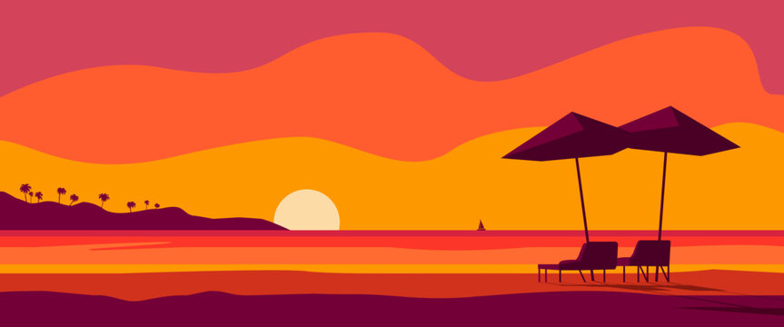 summer beach sunset landscape sea shore vector illustration