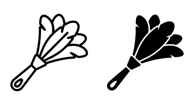 Two black and white feather duster illustrations with handles and multiple feathers