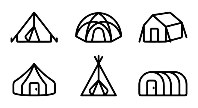 Collection of various tent and camping shelter icons in simple line style